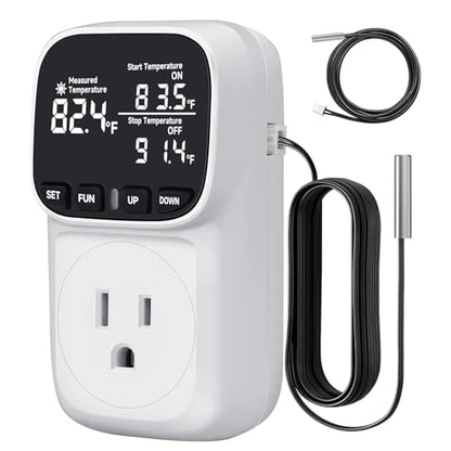 Temperature Controlled Outlet with 16.4ft & 6.5ft 2 Probes, Reptile Thermostat 15A 1800W Digital Thermostat, Heating Cooling Timer with Cyclic Timing/Countdown, -40℉~210℉ for Reptile Incubator - color: White