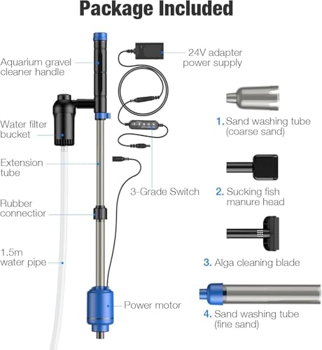 bedee Aquarium Vacuum Gravel Cleaner, 24W Electric Fish Tank Cleaner Vacuum, Automatic Water Change, Wash Sand, Water Circulation and Timed Off，Blue