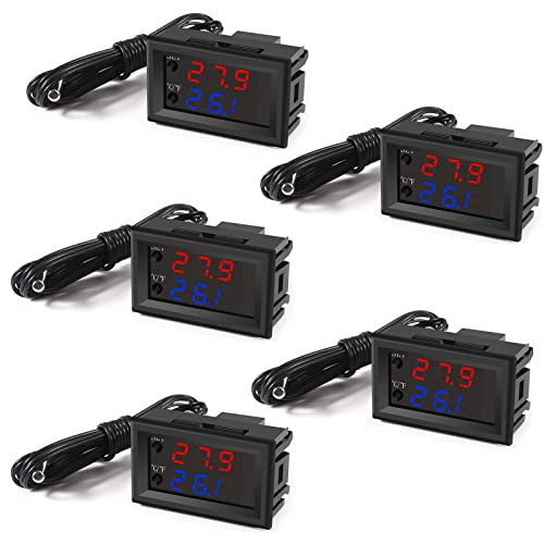 UMLIFE 5PCS 12V Electronic Temperature Controller Programmable -50 to 110 Degree Celsius Heating/Cooling Thermostat Control Switch Module NTC Waterproof Sensor Probe Dual Color LED Display Monitor - style: 5PCS
