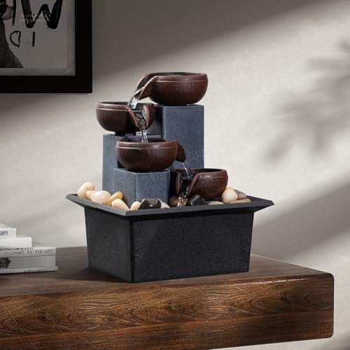 Tabletop Fountain 4 Level Small Waterfall Fountain Indoor Relaxing Water Feature Meditation Fountain for Home Office Bedroom Decoration Including LED Lighting Natural Rocks as Festival Gifts