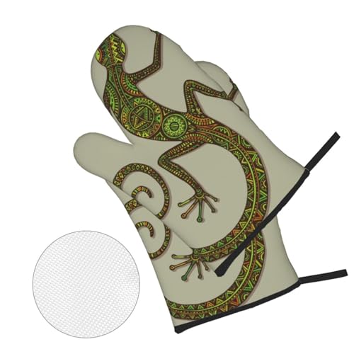 Reptiles Ornamental Colorful Lizard with Ethnic Patterns Exotic 4 Pack Oven Mitts and Pot Holders Set, Thick Polyester Heat Resistant Kitchen Gloves for Baking BBQ Grilling