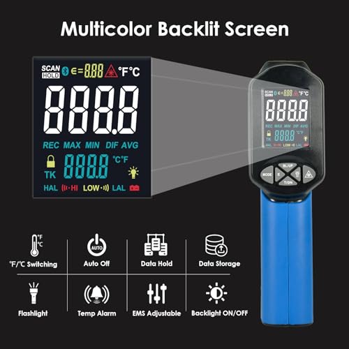 HOLDPEAK Pyrometer D:S=30:1 with Bluetooth, High Temp Infrared Thermometer -58℉~2876℉, Non-Contact Industrial Laser Thermometer Gun with Flashlight, Digital IR Temperature Gauge (NOT for Human)