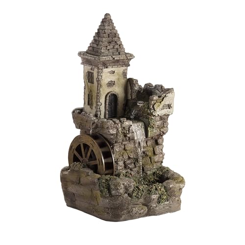 Alpine Corporation USA1164 Outdoor Floor Tiered Fairy Castle Waterwheel Water Fountain with Realistic Stone Look, 35", Brown - color: Brown