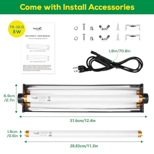 T5 UVB Reptile Light Fixture HO UVB Bulb Lighting Combo Kit, 10.0 UVB Light for Reptiles Terrarium Hood with 8W Reptile Light Bar UVA UVB Desert Lamp for Bearded Dragon Turtle Tank, 12 Inch - size: T5-12 Inch