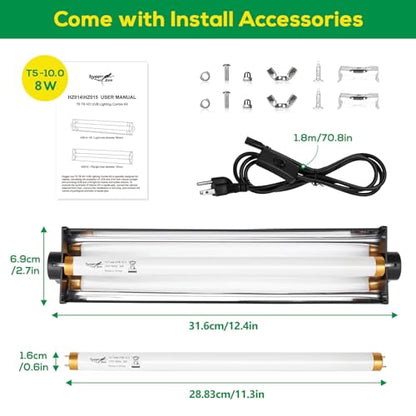 T5 UVB Reptile Light Fixture HO UVB Bulb Lighting Combo Kit, 10.0 UVB Light for Reptiles Terrarium Hood with 8W Reptile Light Bar UVA UVB Desert Lamp for Bearded Dragon Turtle Tank, 12 Inch - size: T5-12 Inch