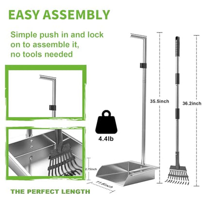 Pooper Scooper for Large Dogs,Dog Pooper Scooper Heavy Duty Long Handle Metal Tray Rake Shovel Set,Extremely Durable Metal Stainless Steel Dustpan for No Bending Clean Up Yard Grass.