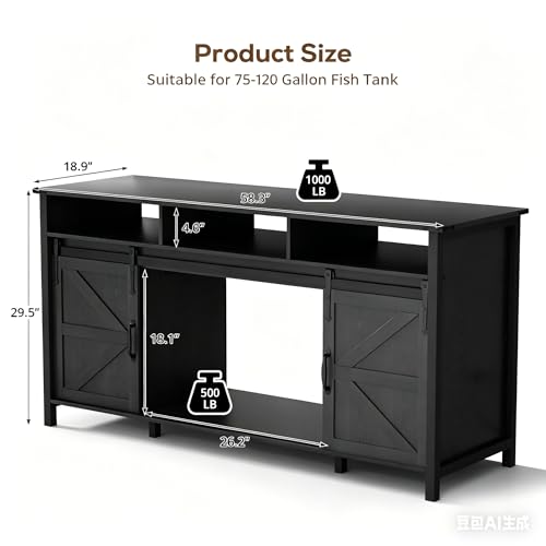 VOWNER 75-120 Gallon Fish Tank Stand with Power Outlet for 2 Tanks, Black | Farmhouse Aquarium Stand with Storage Cabinet & Sliding Barn Doors, Heavy Duty Reptile Tank Stand, 1000LBS Capacity - color: Black