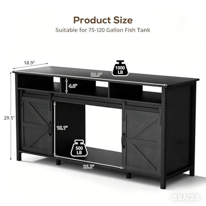 VOWNER 75-120 Gallon Fish Tank Stand with Power Outlet for 2 Tanks, Black | Farmhouse Aquarium Stand with Storage Cabinet & Sliding Barn Doors, Heavy Duty Reptile Tank Stand, 1000LBS Capacity - color: Black