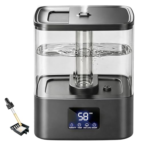 KZF 4L Top Fill Humidifiers for Bedroom & 40H Runtime - Cool Mist Humidifier, 3 Mist Levels, 8H Timer, Essential Oil Tray, Humidity Display, Quiet for Baby, Plants, Large Room (Black, 4L) - color: Black