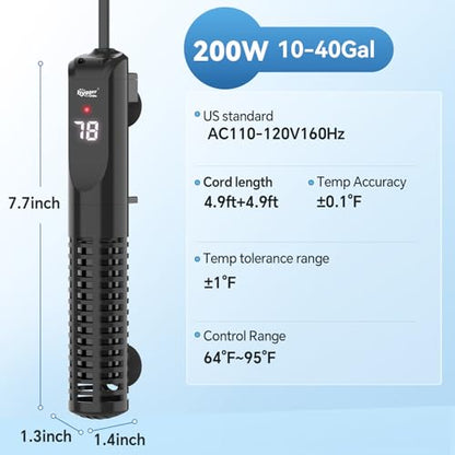 hygger Ceramic Submersible Aquarium Heater, New Explosion-Proof Fish Tank Water Heater with External Temp Controller Auto Thermostat Heater for Saltwater Freshwater (200W for 10~40 Gallon) - size: 200W for 10~40 gallon