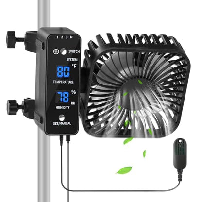 4" Grow Tent Clip Fan with Temperature & Humidity Control, LCD Display, Oscillating Fan for Hydroponics