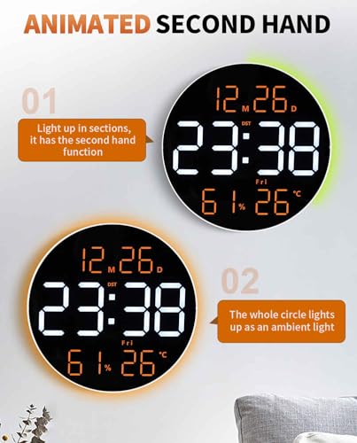 10 Inch Large Digital Wall Clock with 13 Color Changing Remote Control, Date Week Temperature, Auto Brightness Dimmer Big Clock with Night Lights,RGB - color: Rgb