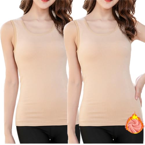 Womens Cotton Thermal Fleece Lined Underwear Tops Cami Tank Top Warm Base Layer Vest - color: Z-khaki&khaki, size: L / (Fit 120~145 lb)