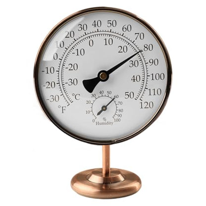 4" Indoor Thermometer & Humidity Gauge, Brass Dial with Stand | Room Analog Temperature & Humidity Monitor, Dual Scale Display, Battery-Free For House Home Desk Bedroom Garage RV