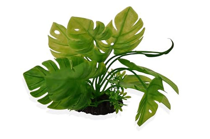 YAKCAM Driftwood Reptile Hide Cave, Aquarium Hideout w/Monstera 10.5x2.5 | Also Ideal for Amphibians & Lizards | Hollow Log Design | Life-Like 7" Monstera Plant | Terrarium Decor