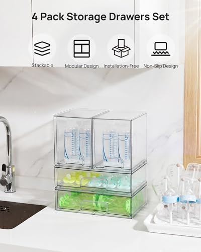 Vtopmart Clear Stackable Storage Drawers Set of 4, Plastic Organizer Bins for Makeup, Cosmetics, Beauty Supplies,Ideal for Vanity, Bathroom,Cabinet,Pantry Organization - style: 2 High+2 Wide