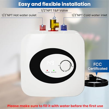 2.5 Gallon Electric Water Heater, 1500W 110V Mini-Tank Under Sink Instant Hot Water Heater with Pressure Relief Valve, for Kitchen, RV, Laundry, Food Truck, Wall/Floor Mounted