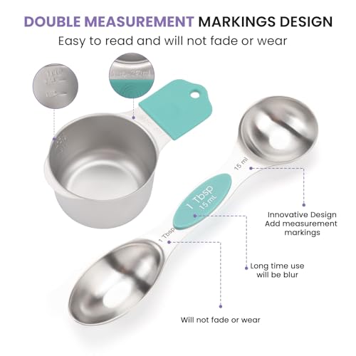 HOUJIP Magnetic Measuring Cups and Spoons Set-304 Stainless Steel,Colors | Double Measurement Markings,BPA-Free,Set of 16 with Leveler for Measuring Dry and Liquid Ingredients - color: Color