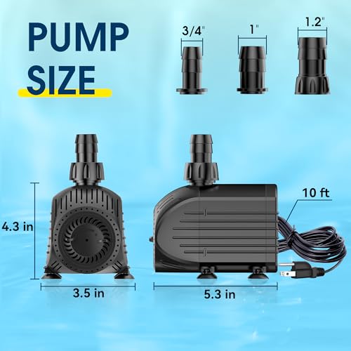 Ultra Quiet Submersible Water Pump 880GPH Size 5.3Lx3.5Wx4.3H in | 60W Pond Pump with Dry Burning Protection, 10ft Cord, 9ft High Lift for Fountains, Waterfall, Hydroponics, Aquariums KF206 - size: 880GPH