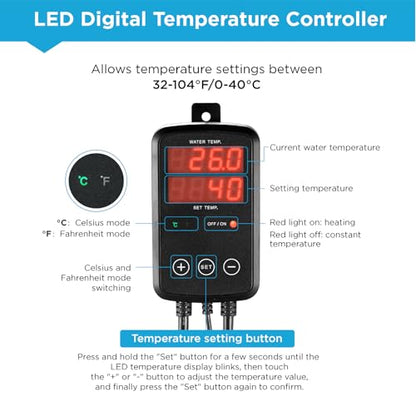 Titanium Aquarium Heater 1000W, Submersible Fish Tank Heater with Digital Display Temperature Controller, 0℃-40℃ Adjustable, Fast Heating for 150~200 Gal Saltwater Freshwater, MX-9029(1000W) - size: 1000W