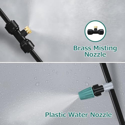 GOTGELIF Patio Misting System, DIY Outdoor Water Mister Cooling Kit | 50FT Leak-Proof Hose with 12 Brass Nozzles, 3/4 Faucet Adapter & 2 Shut-off Valves for Garden, Gazebo, Greenhouse Cooling