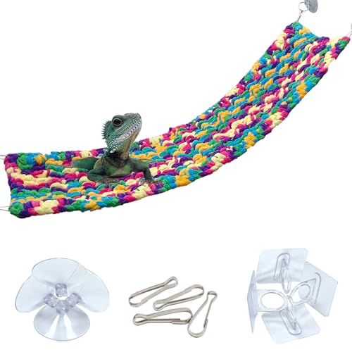 QWR 30" x 7" Hand-Knitted‌ Soft Reptile Lizard Hammock,Lengthened Thicker Hammock for Bearded Dragon Tank Swing Hanging with Strong-Adhesive Hooks,Breathable Bed for Gecko Chameleon(Rectangular)