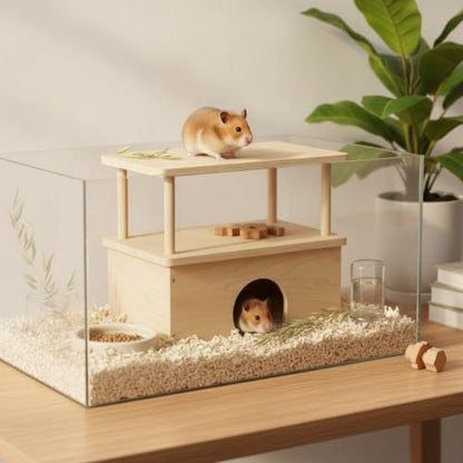 Natural Wood Two-Story Reptile Hideout with Enclosed Base and Open Upper Deck, Durable Habitat Decor for Terrarium, 13.8 x 7.1 x 6.7 Inches