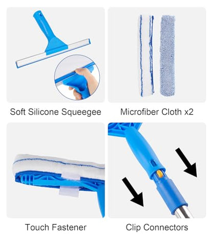 Window Squeegee Cleaner with 4 Stainless Steel Extension Poles,Long Reach to 58inch, Scrubber, Glass Scraper, Bendable Duster, 2 Scrubber Cloth for Window, Car, Professional Cleaning Kit - color: Silver