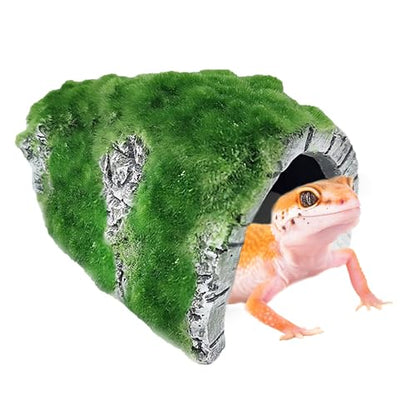 SunGrow Reptile Hideout Cave with Artificial Moss, Rock Habitat Shelter for Lizards, Snakes, Geckos, Frogs & Aquariums, Durable Resin Cave Decor, 6 x 3 x 4 Inches