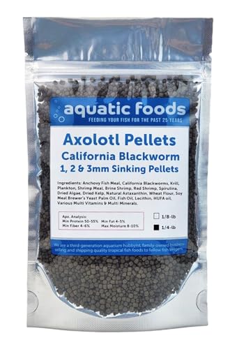 Axolotl Blackworm Pellets. 1mm, 2mm, 3mm Size Mix of Sinking California Blackworm Micro Pellets for All Axolotl, Frogs, Shrimp, Salamanders, Newts, Snails…1/4-lb Pouch Bag - size: 4 Ounce (Pack of 1)