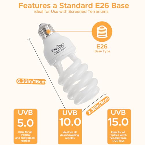 Reptile Lights 23 W UVA UVB 5.0 Energy Saving Reptile Heat Lamp UVB Bulb Spiral Compact Bulb Fit for Rainforest Type-2Pack Reptile/Snake/Lizard/Insect/Turtle/Tortoise - size: UVB5.0 23W-2pcs