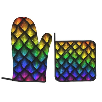 Dragon Scales Reptile Skin Heat Resistant Oven Mitts and Pot Holders Set of 4-500°f Protection Utensil Pocket for Grilling, Baking, Cooking