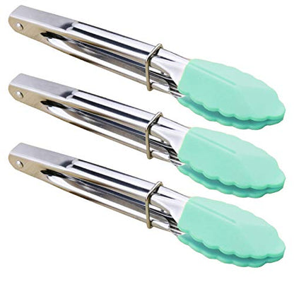 HINMAY 7" Stainless Steel Food Tongs with Silicone Tips, Set of 3 (Mint) | 7-Inch Mini Tongs - color: Mint
