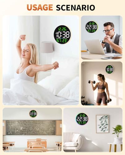 10 Inch Large Digital Wall Clock with 9 Color Changing Remote Control, Date Week Temperature, Auto Brightness Dimmer Big Clock with Night Lights,Green - color: Green