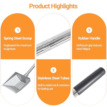 Chicken Poop Scooper Spring Steel Shovel 32-60in Adjustable Handle | Sifting Shovel for Chicken Coop Adjustable Stainless Steel Tube Cleaning Tool for Coop with Rubber Handle - size: 8" W x 3" D