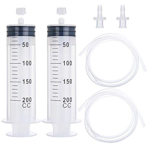 2 Pack 200ml Luer Lock Syringe with 39" Tube and Luer Connectors | 200cc Large Plastic Syringes for Liquid, Oil, Feeding, Watering - size: 200ml