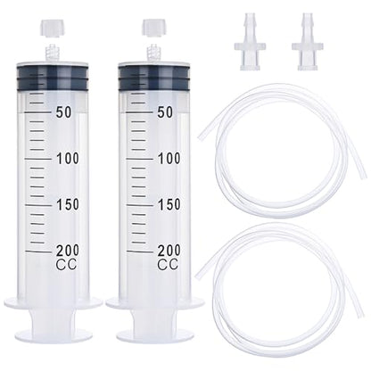 2 Pack 200ml Luer Lock Syringe with 39" Tube and Luer Connectors | 200cc Large Plastic Syringes for Liquid, Oil, Feeding, Watering - size: 200ml