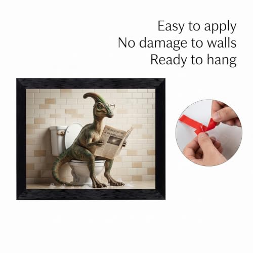 Framed Canvas Wall Art Hyper-Realistic 3D Parasaurolophus on Toilet Green Reptile Textures Canvas Print Poster Black Frame Wall Decor for Bathroom Restroom Quirky Decor, Fine Art - Inch 8x10 - color: Multicolor Art 2, size: 10"L x 8"W