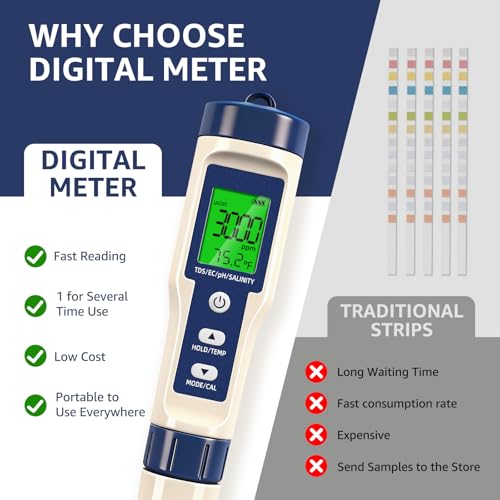 Pool Salt Tester & PH Meter - 5-in-1 Digital TDS Meter for Salinity PH Temp and EC, 0.01 High Accuracy, Swimming Pool, Hydroponics, Aquarium, Hot Tub, PPM Meter for Pool, Drinking Water, Wine