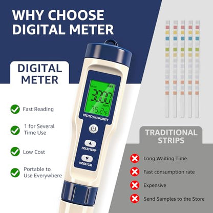 Pool Salt Tester & PH Meter - 5-in-1 Digital TDS Meter for Salinity PH Temp and EC, 0.01 High Accuracy, Swimming Pool, Hydroponics, Aquarium, Hot Tub, PPM Meter for Pool, Drinking Water, Wine