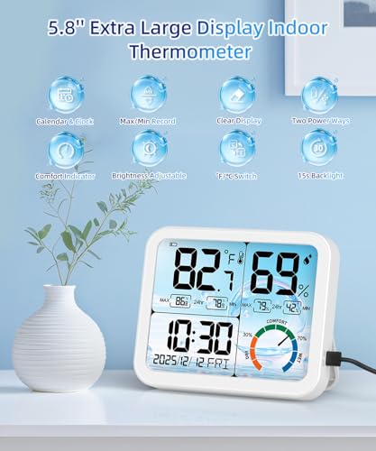 5.8'' Digital Indoor Thermometer Hygrometer, Temp Humidity Monitor & Clock | USB-C & Battery Powered, Large Backlit Display, Calibratable Readings, Max & Min Records, Comfort Level, Date & Time Display - color: White