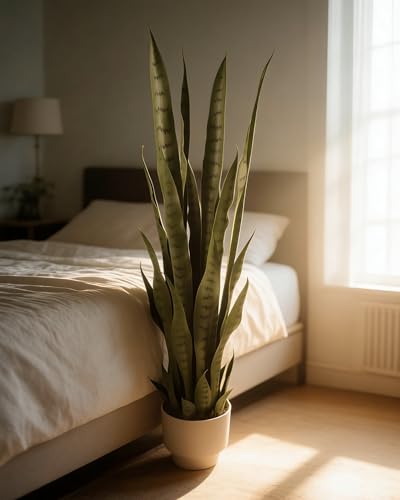 Dayuleaf 3 ft Artificial Sansevieria Plant with White Decorative Pot, Realistic Faux Snake Plant, Green with Dark Green Horizontal Stripes