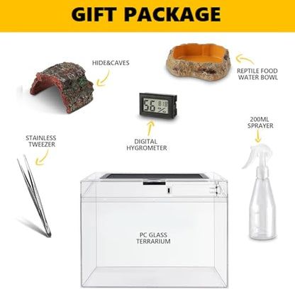 HELIME Reptile Tank 5 Piece Starter Kit with Escape Proof Locking Lid Small | All in One Hermit Crab Terrarium,PC Tarantula Enclosure Frog Habitat,Stackable Cage with Hygrometer,Hide,Tweezer,Bowl,Sprayer - size: Small(12x7x9IN)