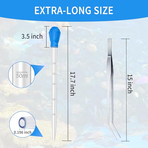 1 Piece Aquarium Coral Feeder with 1 Piece Stainless Steel Feeding Long Tweezers Syringe Spot Coral Feeder Reptile Feeding Tools for Aquatic Plant Reef Anemones Lionfish (Blue, Silvery) - size: 17.7 in Coral Feeder+15 in Tweezers