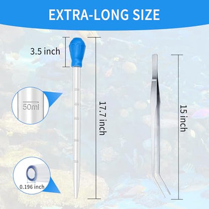 1 Piece Aquarium Coral Feeder with 1 Piece Stainless Steel Feeding Long Tweezers Syringe Spot Coral Feeder Reptile Feeding Tools for Aquatic Plant Reef Anemones Lionfish (Blue, Silvery) - size: 17.7 in Coral Feeder+15 in Tweezers
