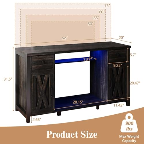 55-75 Gallon Fish Tank Stand, Aquarium Stand with Storage, Dark Oak | 52 x 20 In Top, Farmhouse Turtle Tank Stand, 2 Drawers & 2 Barn Doors, LED Light, Power Outlets, Shelf Storage, Heavy Duty - color: Dark Oak