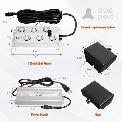 Ultrasonic Mist Maker Fogger 6 Heads, 5000ml/H Ultrasonic Fogger | 200W & IP67 Power Supply, with 2 Floats & 6 Atomizer Heads Replacements for Fountain Pond, Halloween - size: 6 Heads