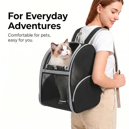 Cat Backpack Carrier for Small Dogs and Medium cat Puppy Kitten Bunny Pet Carrier Backpack Collapsible with Fully Ventilated Mesh with Safety Leash (Black, 12.9" L x 10.62" W x 15.5" H - M) - color: Black, size: Medium