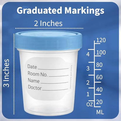 Vakly Sterile 4 oz Specimen Cups with Leak-Proof Lids for Lab Testing, 5 PK | Individually bagged, clear polypropylene, graduated volume markings, urine, stool and specimen collection with ID label