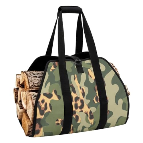 Leopard Camo Print Firewood Log Carrier Tote Bag | Water Resistant, Adjustable Buckle, Open-Ended Design, Suitable for Fireplace, RV Camping and Bonfire - color: Jungle Green Leopard Camo Mix Print